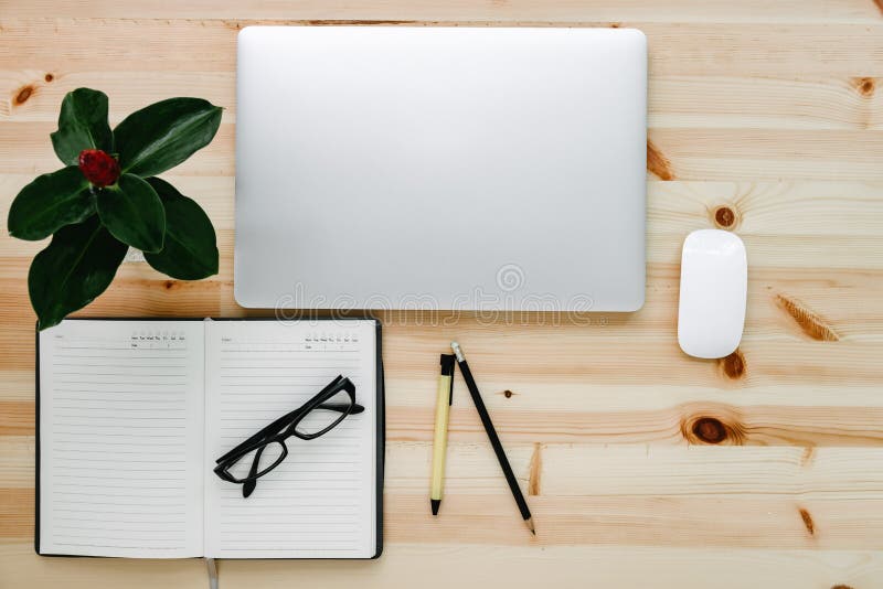 Computer Laptop and Digital Devices on Table Workspace, Top View of Creative Working Home Office Desktop With Laptop Device. stock image