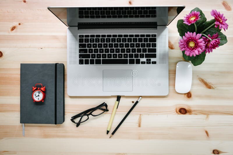 Computer Laptop and Digital Devices on Table Workspace, Top View of Creative Working Home Office Desktop With Laptop Device. stock photo