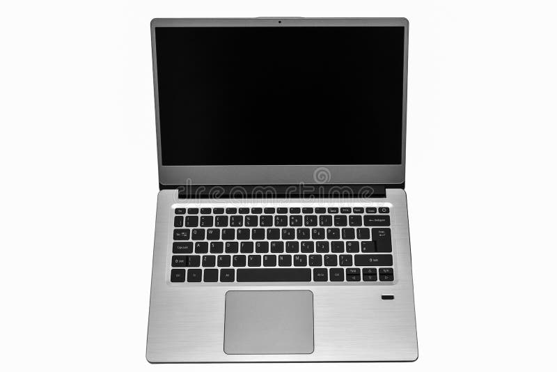 Computer laptop with empty screen, touchpad and english layout keyboard for writing text.