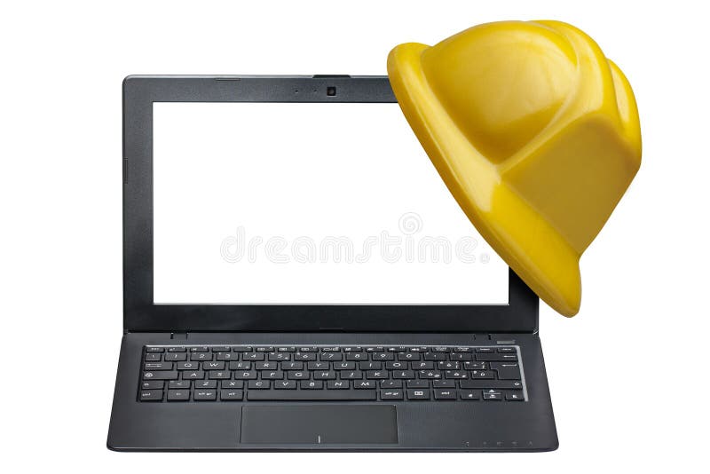 Yellow hard hat hung on open Computer laptop blank screen isolated on white background. Laptop personal computer stock images, royalty-free photos and pictures