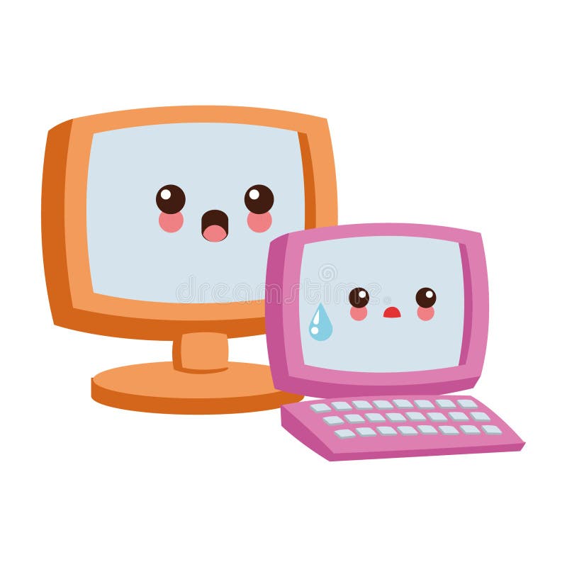 Computer and Laptop Kawaii Cartoon Stock Vector - Illustration of ...