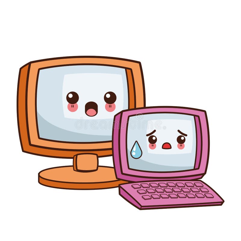 Computer and Laptop Kawaii Cartoon Stock Vector - Illustration of ...