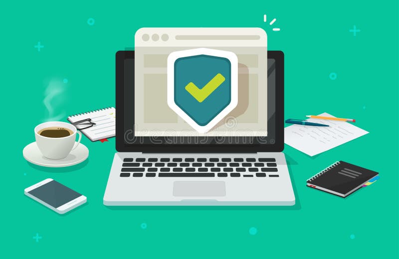 Computer laptop online protection shield on internet browser web site or pc with secure connection website vector flat vector illustration