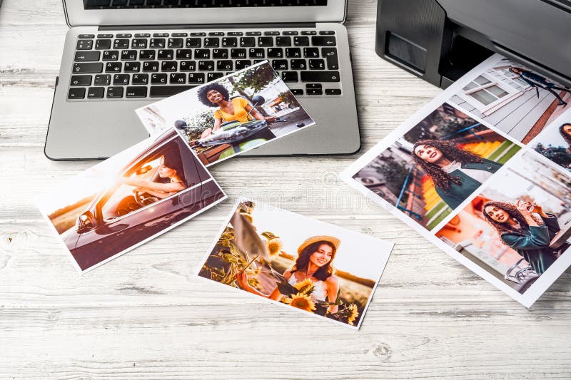 Computer Laptop and Printer on Table. Printing Photos Stock Photo Image of home, business