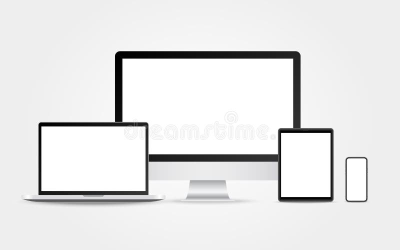 Computer, laptop, tablet and phone. Realistic mockup isolated on white background. Monitor and smartphone set. Modern stock illustration Computer, laptop, tablet and phone. Realistic mockup isolated on white background. Monitor and smartphone set. Modern stock illustration