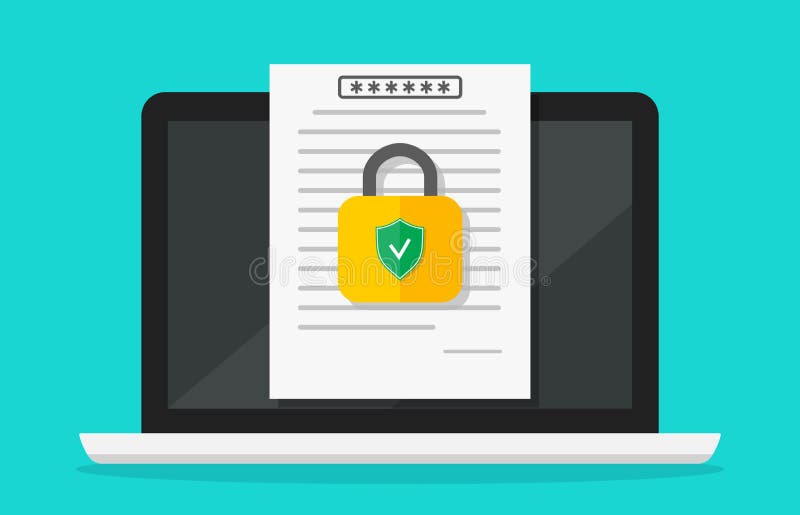 Computer with lock for information. Shield of secure on screen of laptop. Padlock of cybersecurity on data. Icon for privacy of vector illustration