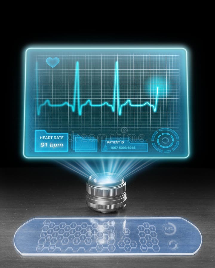 Futuristic computer with holographic screen displaying ECG. Futuristic computer with holographic screen displaying ECG.