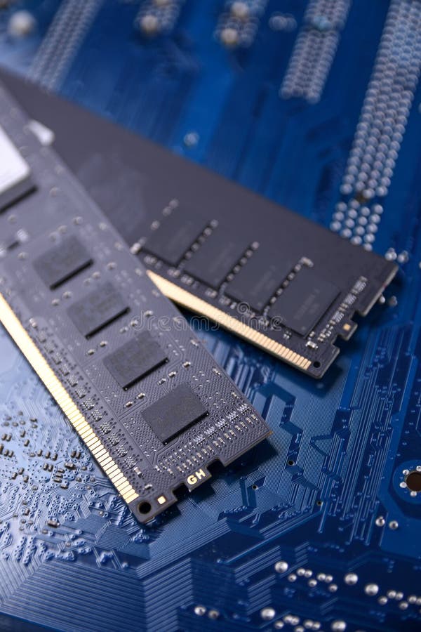 Computer Memory RAM on Motherboard Background . Close Up. System, Main