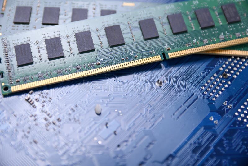 Computer Memory RAM on Motherboard Background . Close Up. System, Main