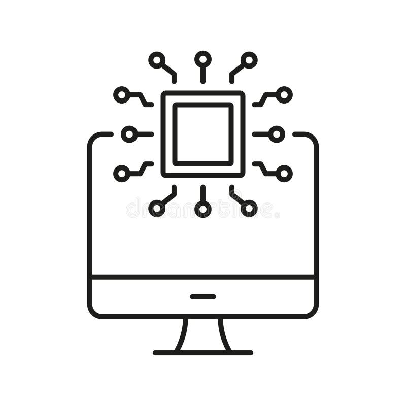 Computer With Microchip Line Icon. Digital Processing, Technology Integration, And Computing Power Outline Symbol stock illustration