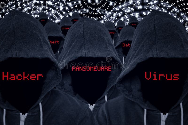 Mass of hooded computer criminals with various internet attacks and criminal activities in red text with a binary code background. Mass of hooded computer criminals with various internet attacks and criminal activities in red text with a binary code background