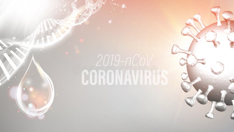 Computer model of Coronavirus in futuristic rays inside human DNA genome over violet background. 3d model of virus 19