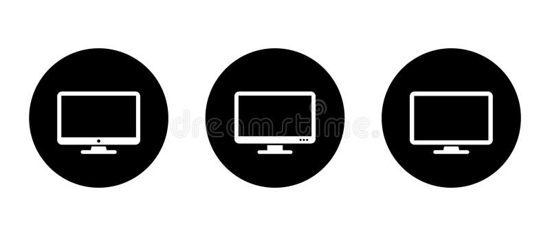 Computer monitor, desktop screen icon set on black circle. Pc display sign symbol stock illustration