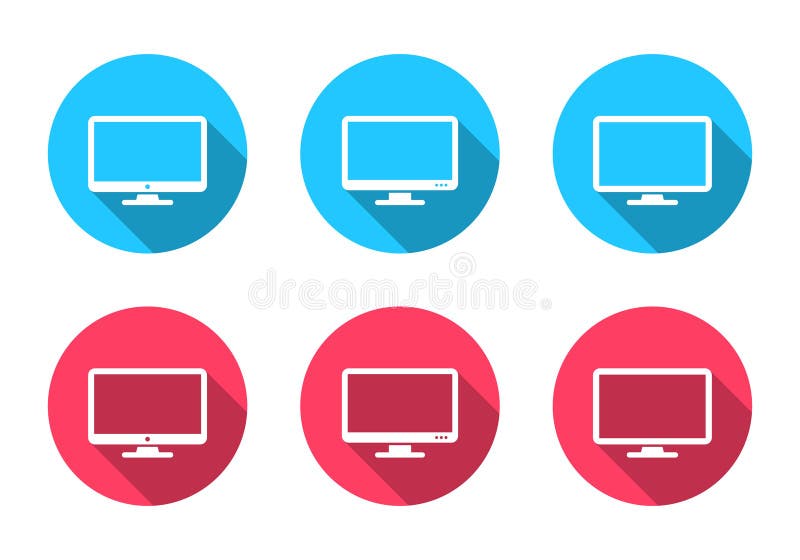 Computer monitor, desktop screen icon set with long shadow. Pc display sign symbol stock illustration