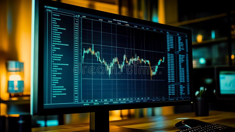 A computer monitor with a detailed and modern currency exchange rate graph, showing fluctuating lines for multiple currencies like USD, EUR, GBP, and JPY.