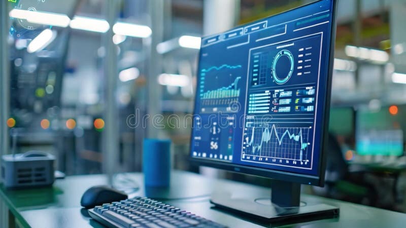Computer monitor displaying graphs and charts in modern office royalty free illustration