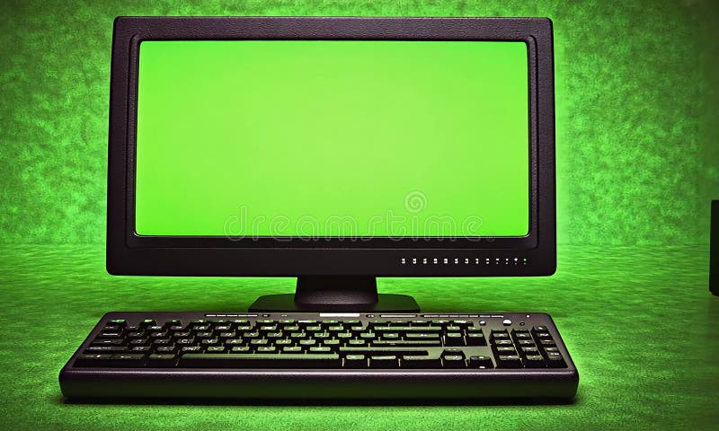 Computer monitor and keyboard on a green background stock illustration