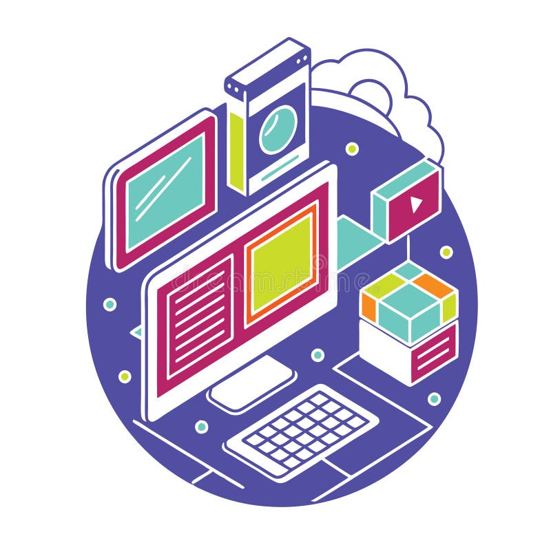 Computer with monitor keyboard mouse well number objects including rubiks cube cloud book, communication information network data vector illustration