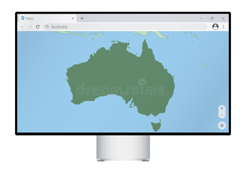 Computer monitor with map of Australia in browser, search for the country of Australia on the web mapping program royalty free illustration