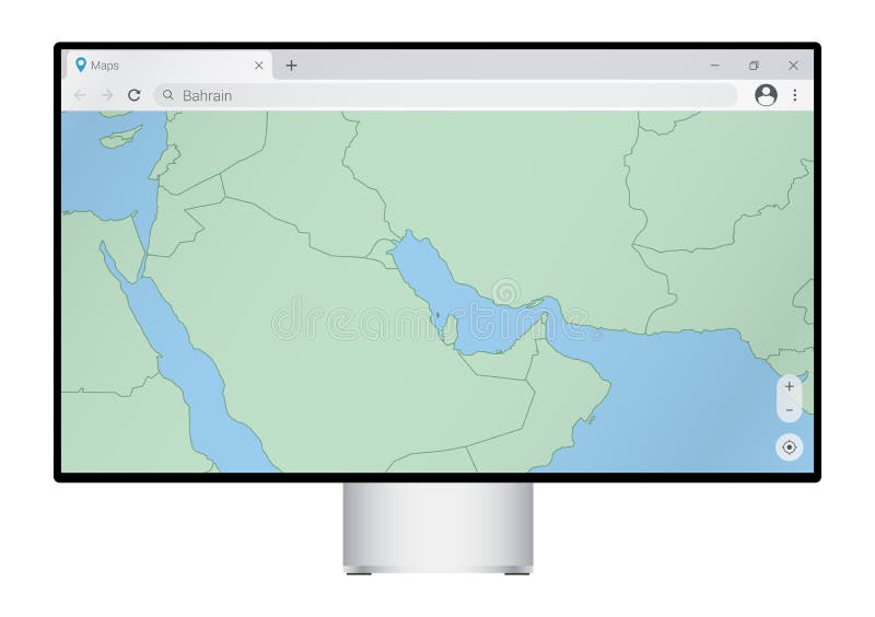 Computer monitor with map of Bahrain in browser, search for the country of Bahrain on the web mapping program stock illustration