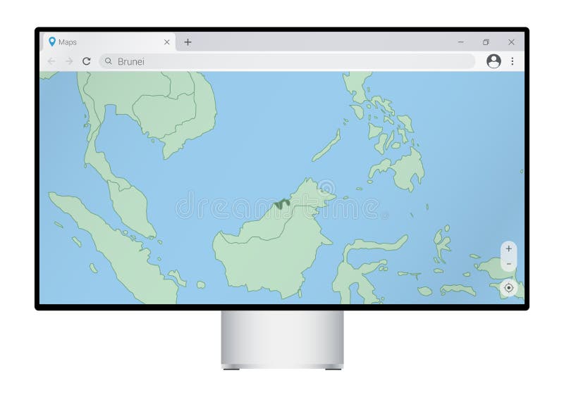 Computer monitor with map of Brunei in browser, search for the country of Brunei on the web mapping program stock illustration