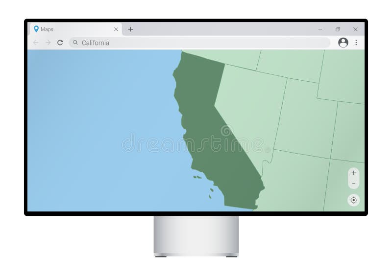Computer monitor with map of California in browser, search for the country of California on the web mapping program stock illustration
