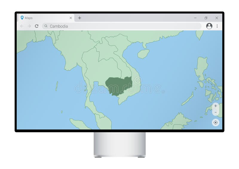 Computer monitor with map of Cambodia in browser, search for the country of Cambodia on the web mapping program stock illustration