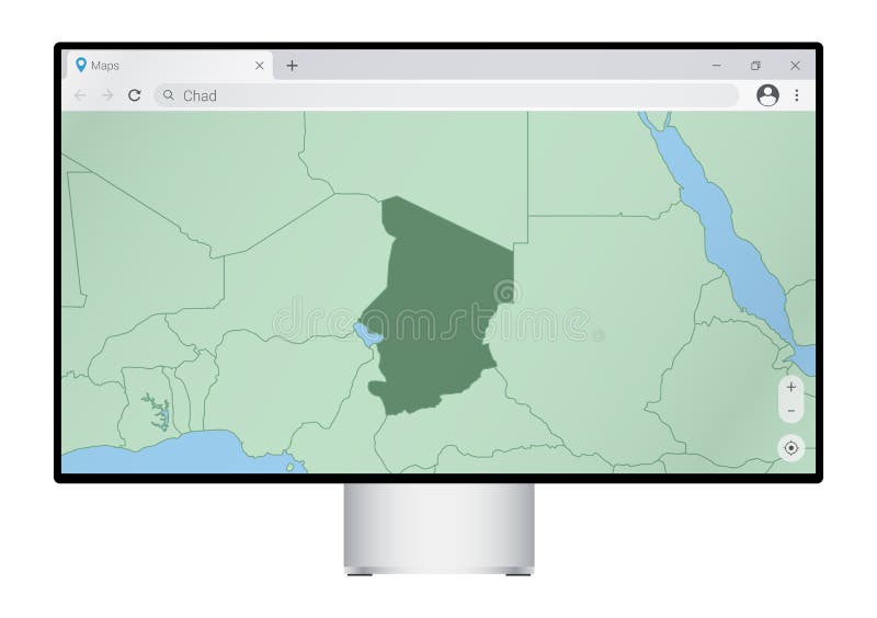 Computer monitor with map of Chad in browser, search for the country of Chad on the web mapping program. Vector template