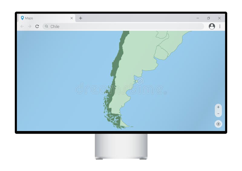 Computer monitor with map of Chile in browser, search for the country of Chile on the web mapping program stock illustration