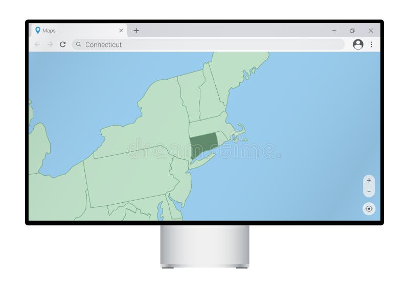 Computer monitor with map of Connecticut in browser, search for the country of Connecticut on the web mapping program royalty free illustration