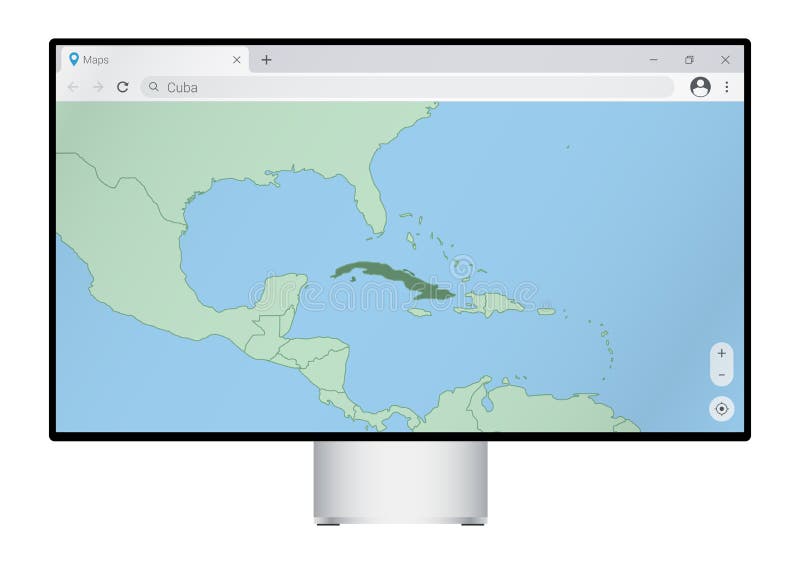 Computer monitor with map of Cuba in browser, search for the country of Cuba on the web mapping program vector illustration