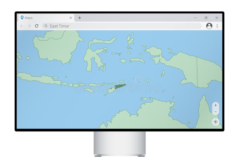 Computer monitor with map of East Timor in browser, search for the country of East Timor on the web mapping program stock illustration