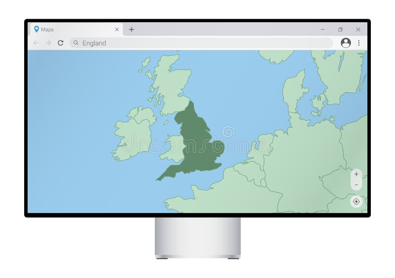 Computer monitor with map of England in browser, search for the country of England on the web mapping program royalty free illustration