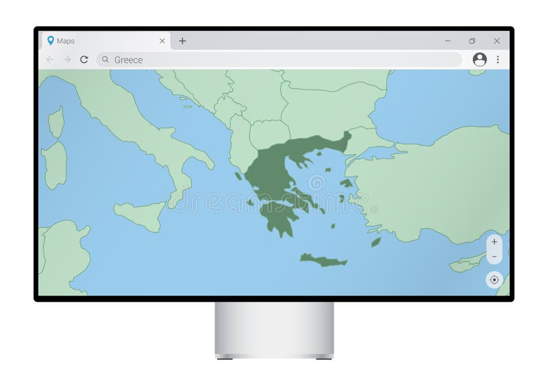 Computer Monitor with Map of Greece in Browser, Search for the Country