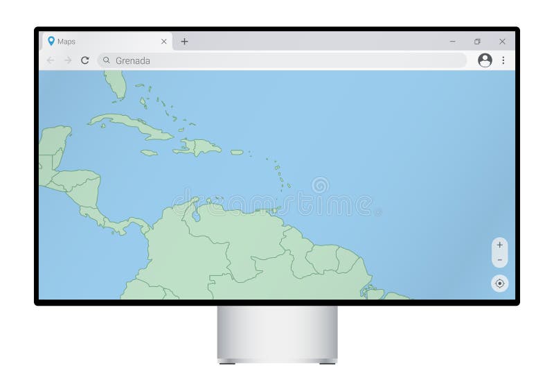 Computer monitor with map of Grenada in browser, search for the country of Grenada on the web mapping program royalty free illustration
