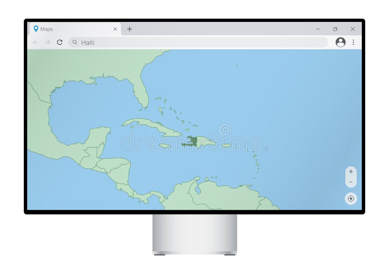 Computer monitor with map of Haiti in browser, search for the country of Haiti on the web mapping program stock illustration