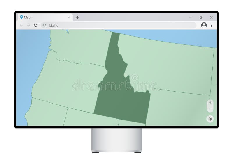 Computer monitor with map of Idaho in browser, search for the country of Idaho on the web mapping program royalty free illustration
