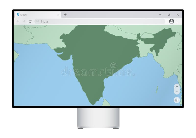 Computer monitor with map of India in browser, search for the country of India on the web mapping program vector illustration