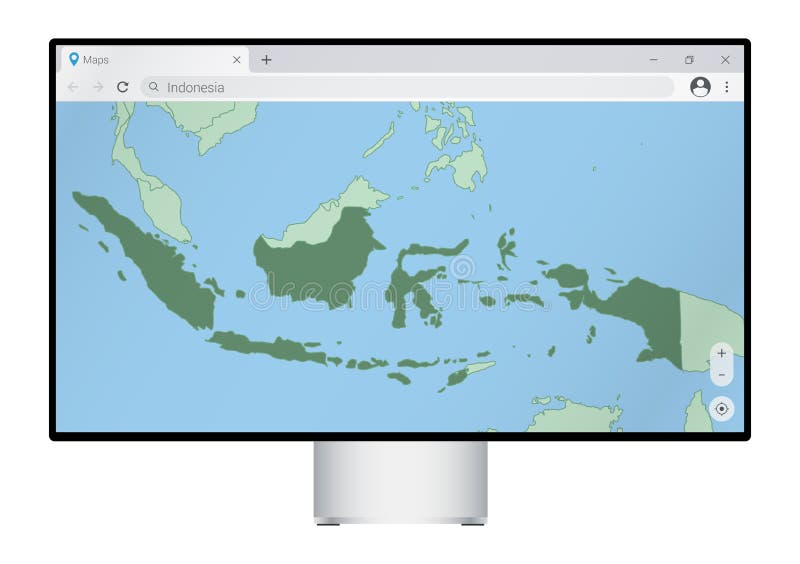 Computer monitor with map of Indonesia in browser, search for the country of Indonesia on the web mapping program vector illustration
