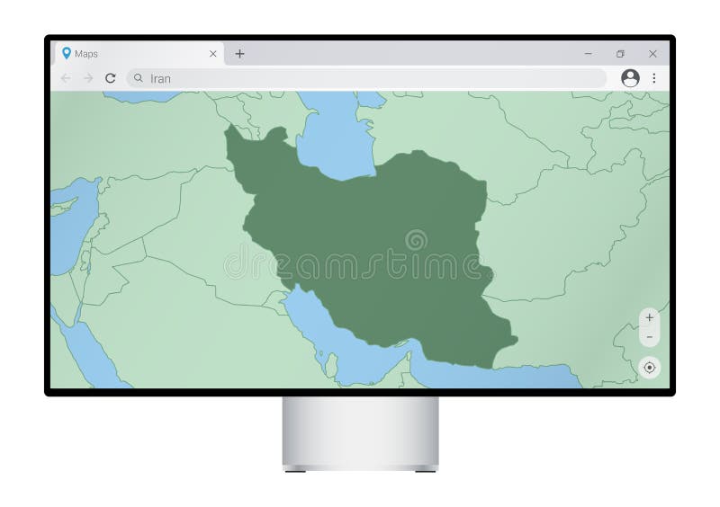 Computer monitor with map of Iran in browser, search for the country of Iran on the web mapping program vector illustration