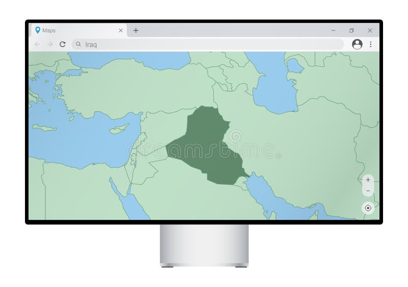 Computer monitor with map of Iraq in browser, search for the country of Iraq on the web mapping program royalty free illustration