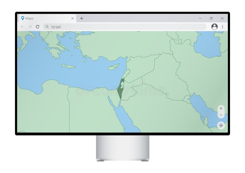 Computer monitor with map of Israel in browser, search for the country of Israel on the web mapping program royalty free illustration
