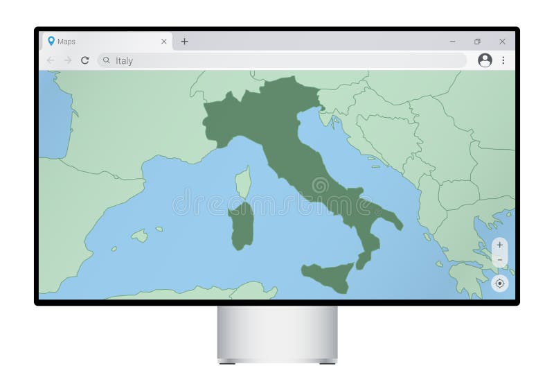 Computer monitor with map of Italy in browser, search for the country of Italy on the web mapping program vector illustration