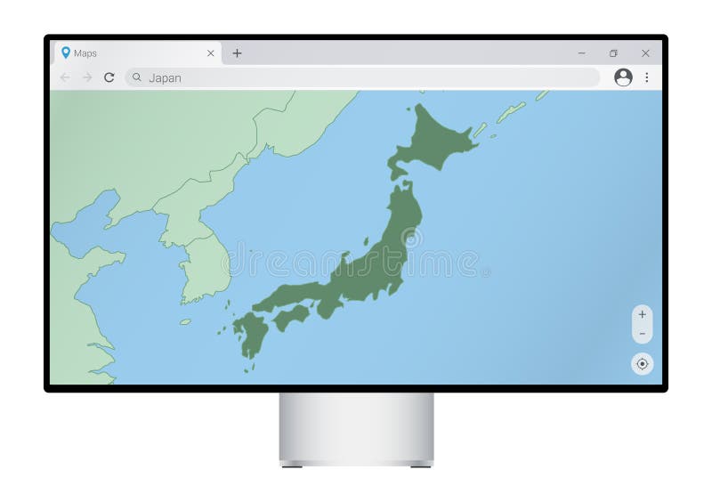 Computer monitor with map of Japan in browser, search for the country of Japan on the web mapping program royalty free illustration