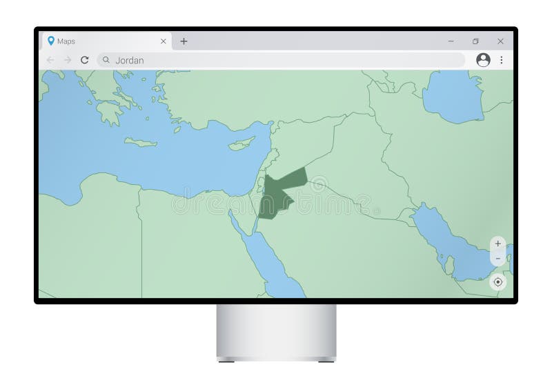 Computer monitor with map of Jordan in browser, search for the country of Jordan on the web mapping program stock illustration