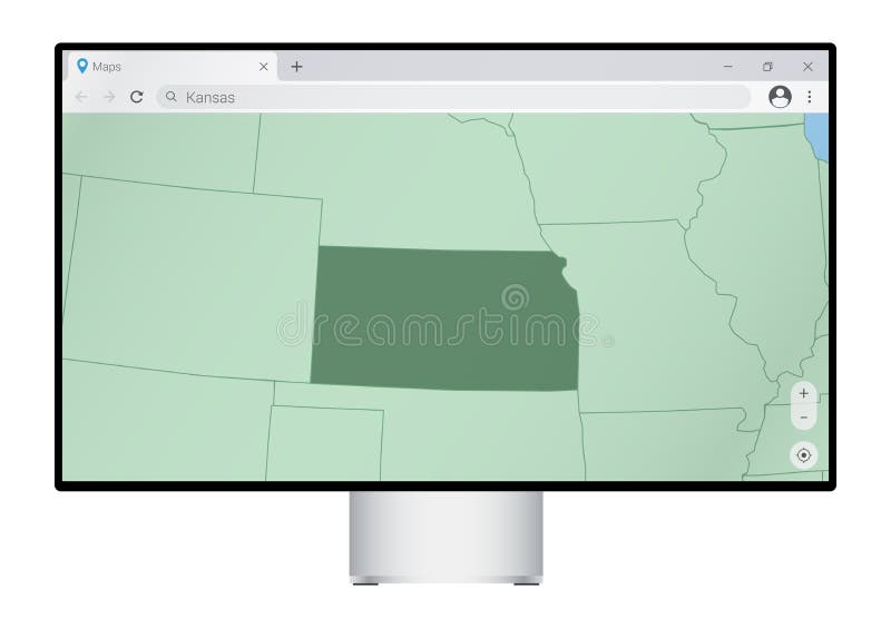 Computer monitor with map of Kansas in browser, search for the country of Kansas on the web mapping program stock illustration