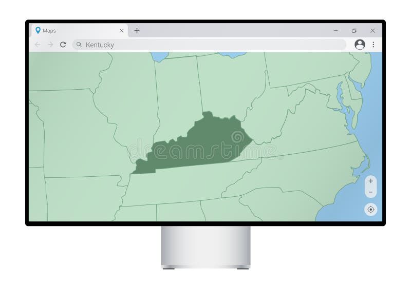 Computer monitor with map of Kentucky in browser, search for the country of Kentucky on the web mapping program stock illustration