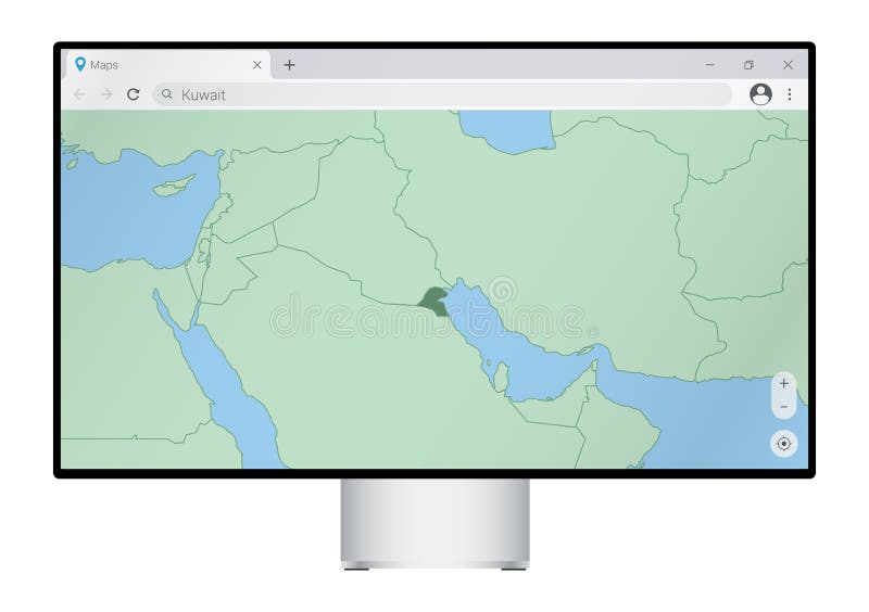 Computer monitor with map of Kuwait in browser, search for the country of Kuwait on the web mapping program stock illustration