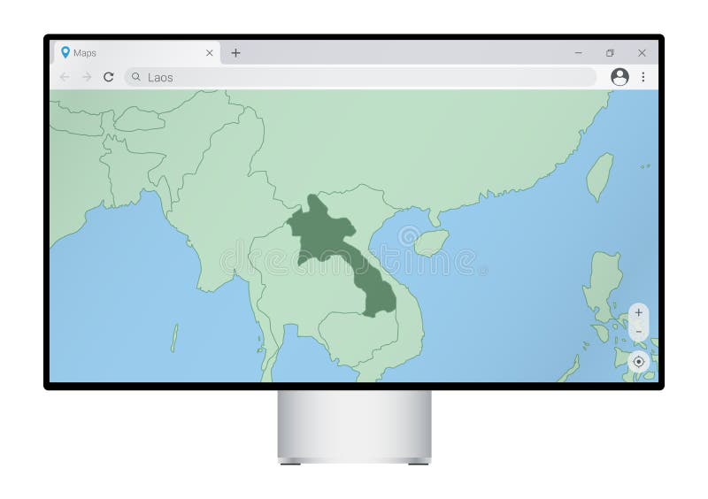 Computer monitor with map of Laos in browser, search for the country of Laos on the web mapping program stock illustration
