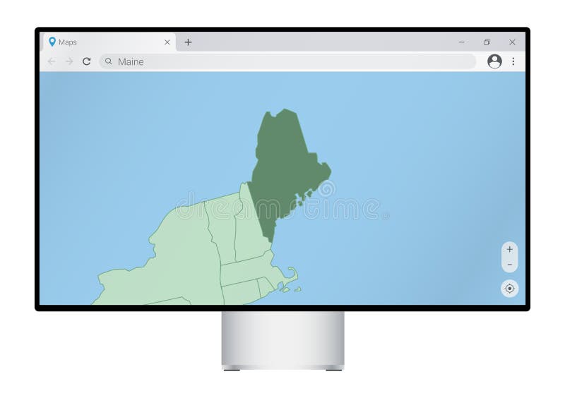 Computer monitor with map of Maine in browser, search for the country of Maine on the web mapping program royalty free illustration